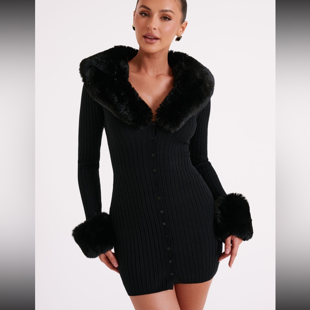 Aurora Fur Trim Knit Mini Dress - Black